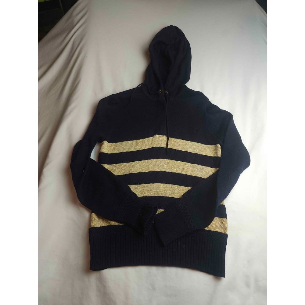 LRL Lauren Jeans Co. Hoodie Sweater Womens Size M Black Gold Stripe Knit 1/4 Zip